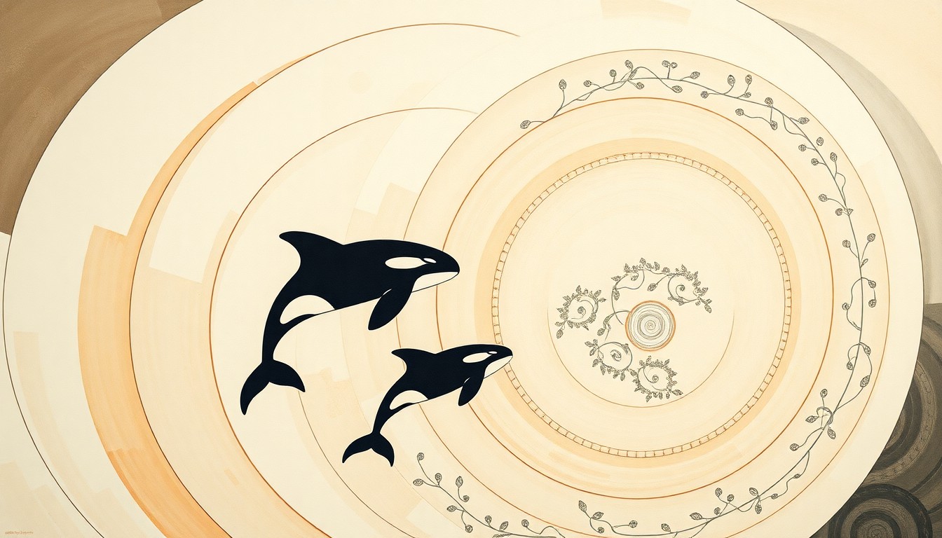 An abstract painting in muted shades of blue, green, and brown, featuring sweeping geometric shapes and organic spirals that evoke the complex communication and social structures of orcas, conveying the idea of a hidden language or signaling system within the marine mammals.