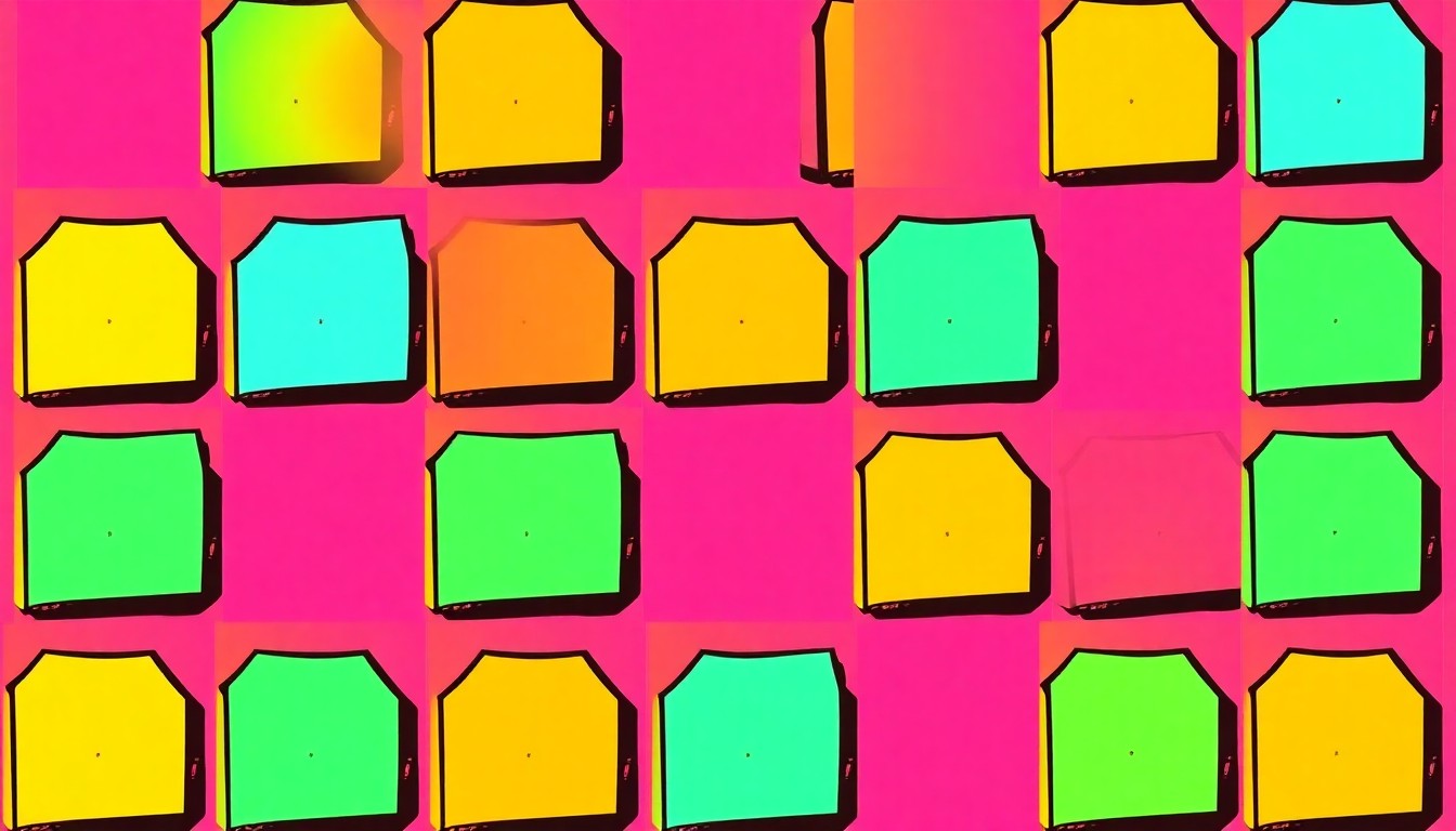 A brightly colored, high-contrast silkscreen print of a single, iconic pizza box object repeated in a tight grid pattern, utilizing flat, vibrant, and unnatural neon color palettes overlapping with heavy black photographic outlines to conceptually represent the challenges of recycling pizza boxes.