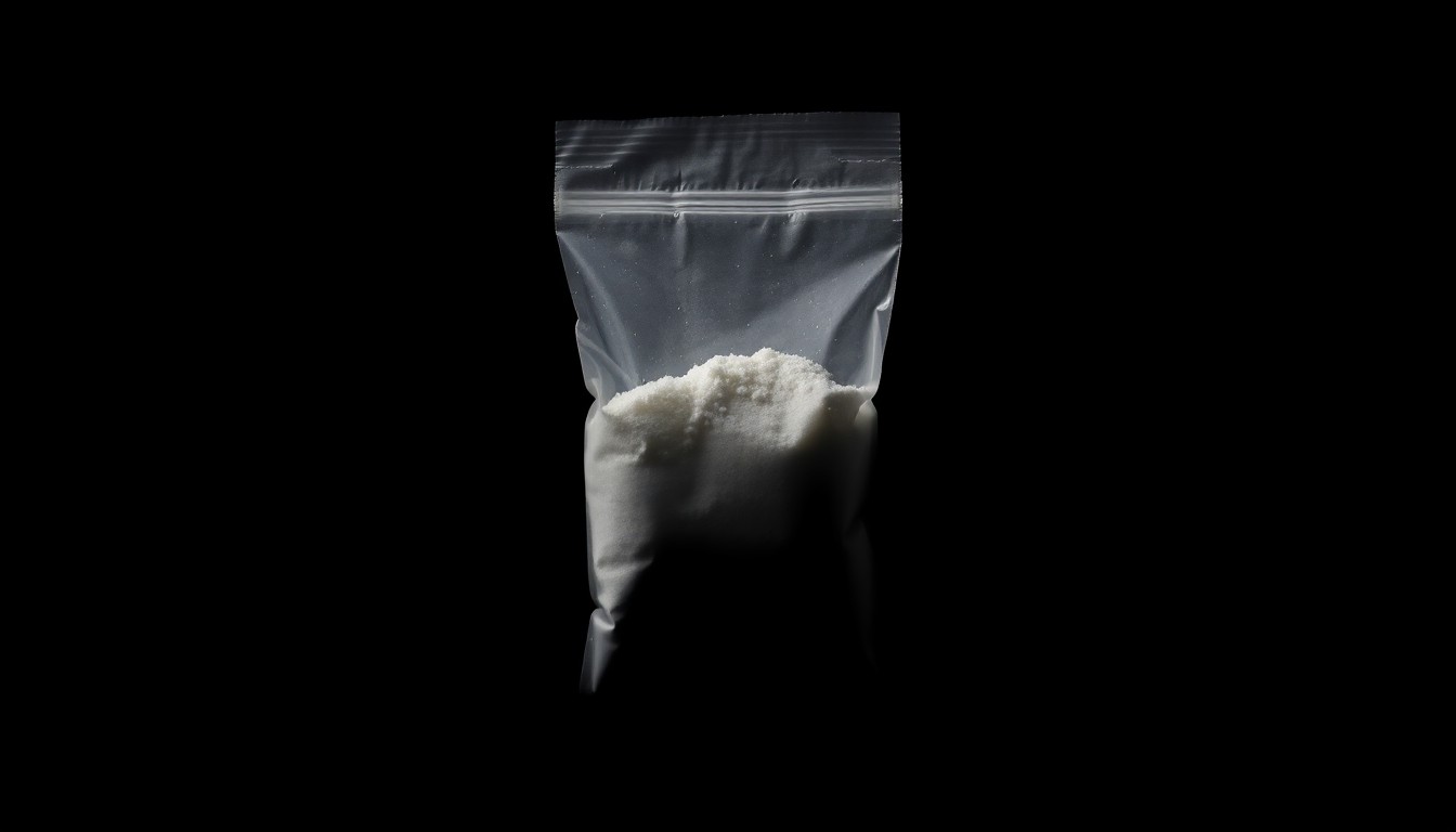 An extreme close-up photograph of a small plastic bag containing white powder, lit by a harsh, direct camera flash against a pitch-black background, creating a stark, gritty, investigative aesthetic.