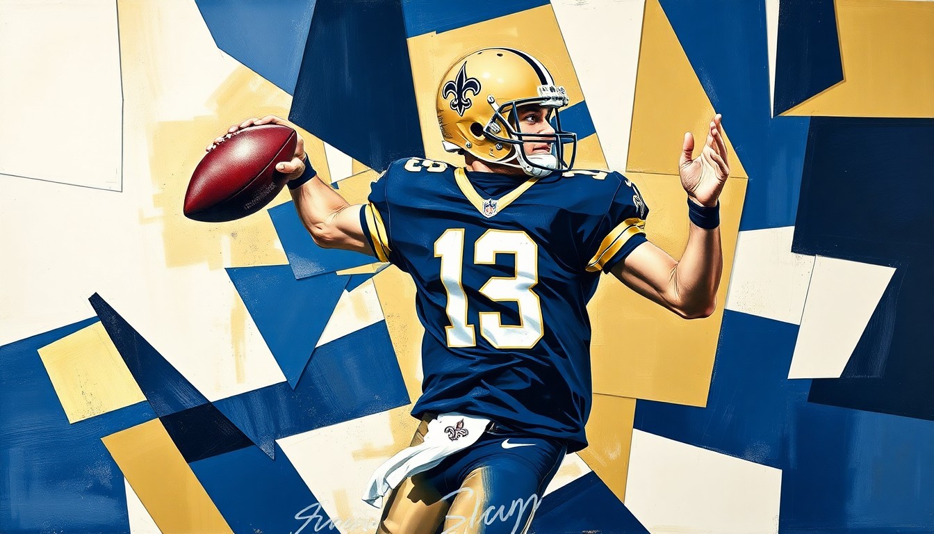 A cubist, geometric illustration depicting a Saints quarterback in the process of dropping back to pass, with the figure broken down into sharp, overlapping planes of navy blue, gold, and white.