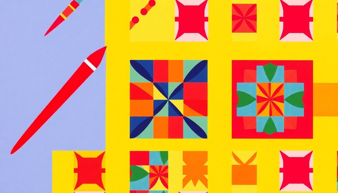 A vibrant, pop art-inspired grid of artistic icons including a paintbrush, sketchpad, and quilt square, conceptually representing the diverse mediums featured in Fountain Inn's upcoming arts events.