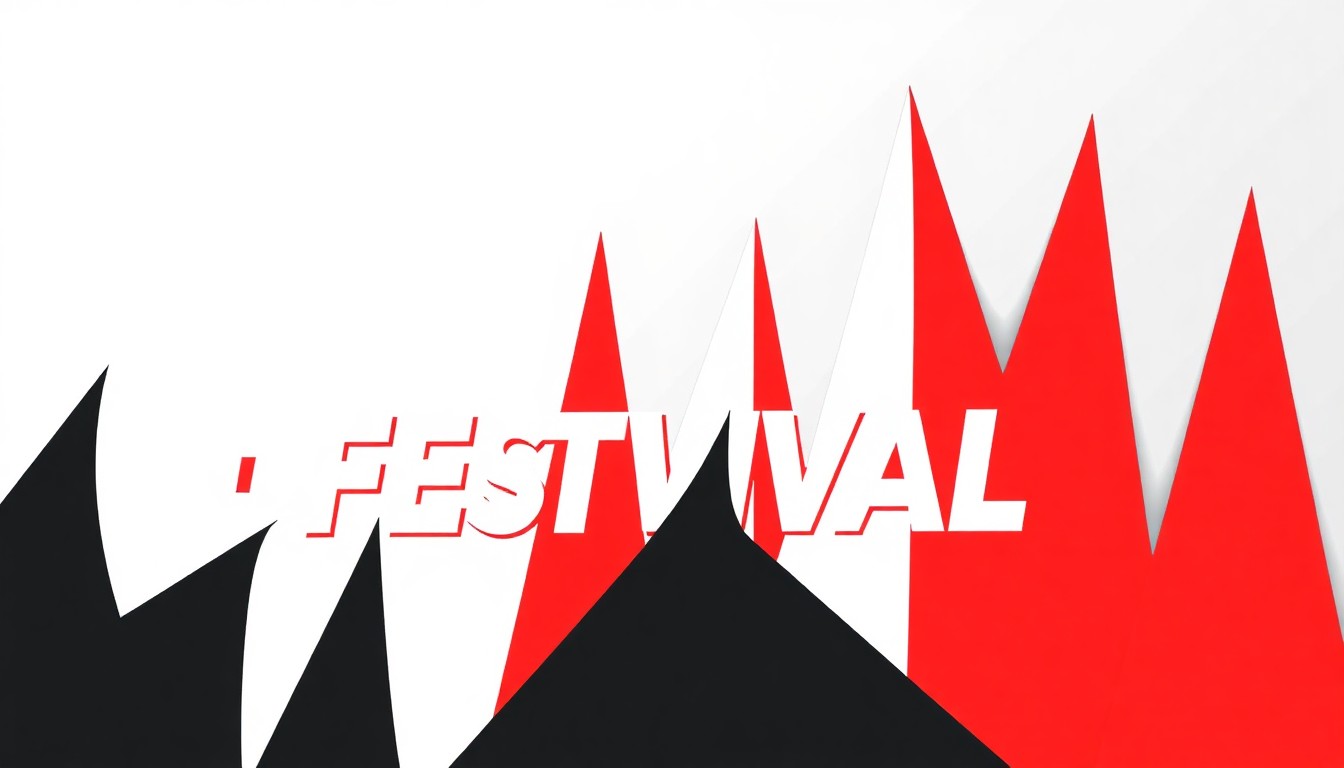 A striking, minimalist illustration featuring bold, geometric shapes in black, white, and red, capturing the dynamic energy and contrasting experiences of a major music festival.