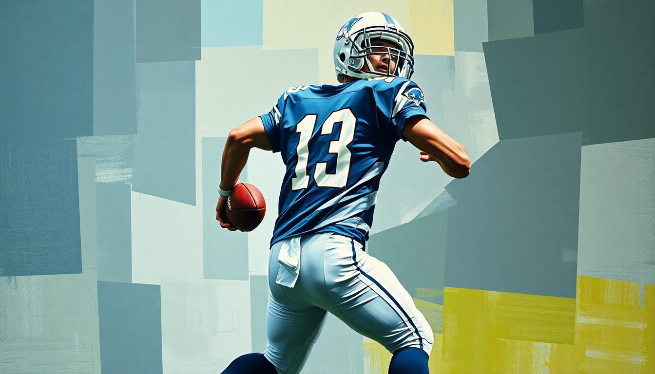 A fragmented, geometric painting depicting a football player in motion, with sharp, overlapping planes of color and form capturing the dynamic energy of the sport.