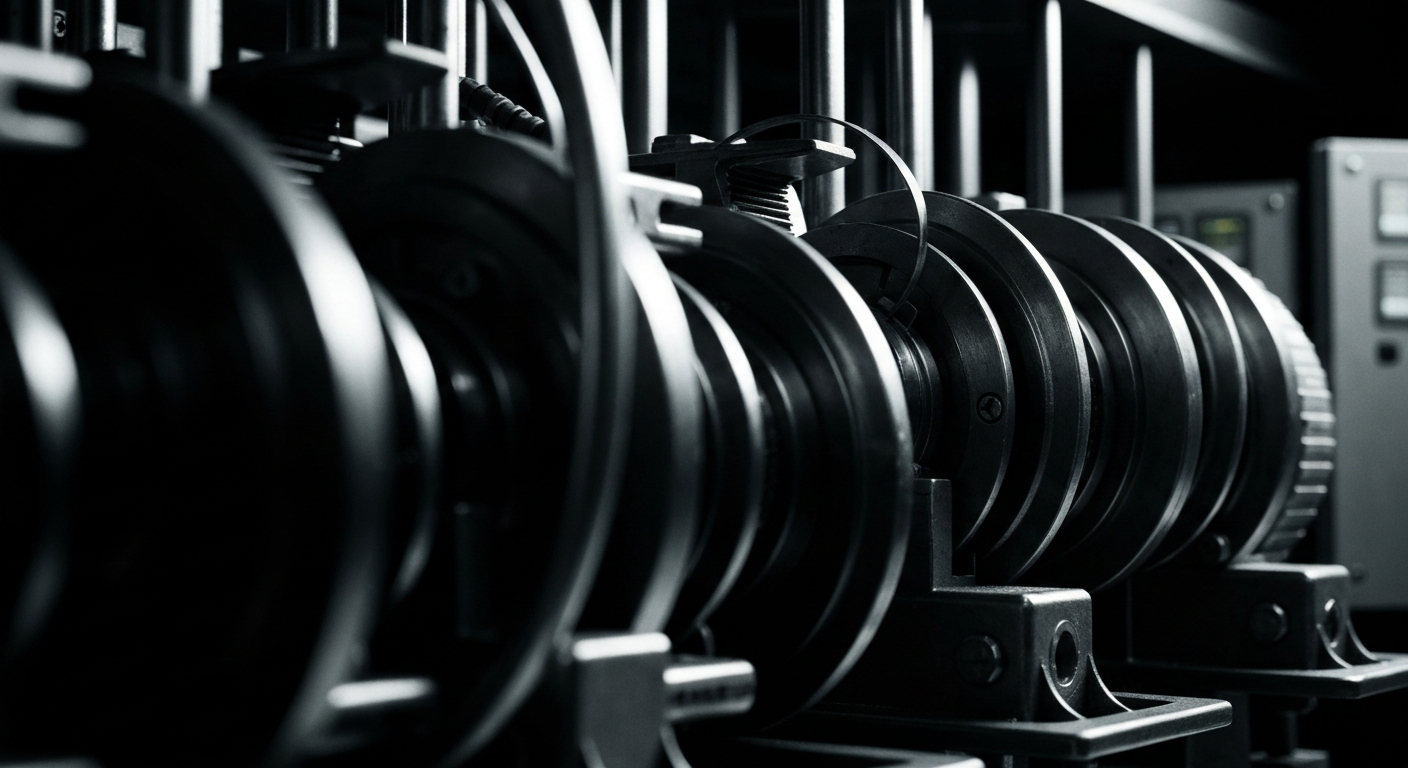 An extreme close-up of intricate gears, circuits, and other industrial banking machinery, conveying the complex infrastructure that underpins the financial services industry.