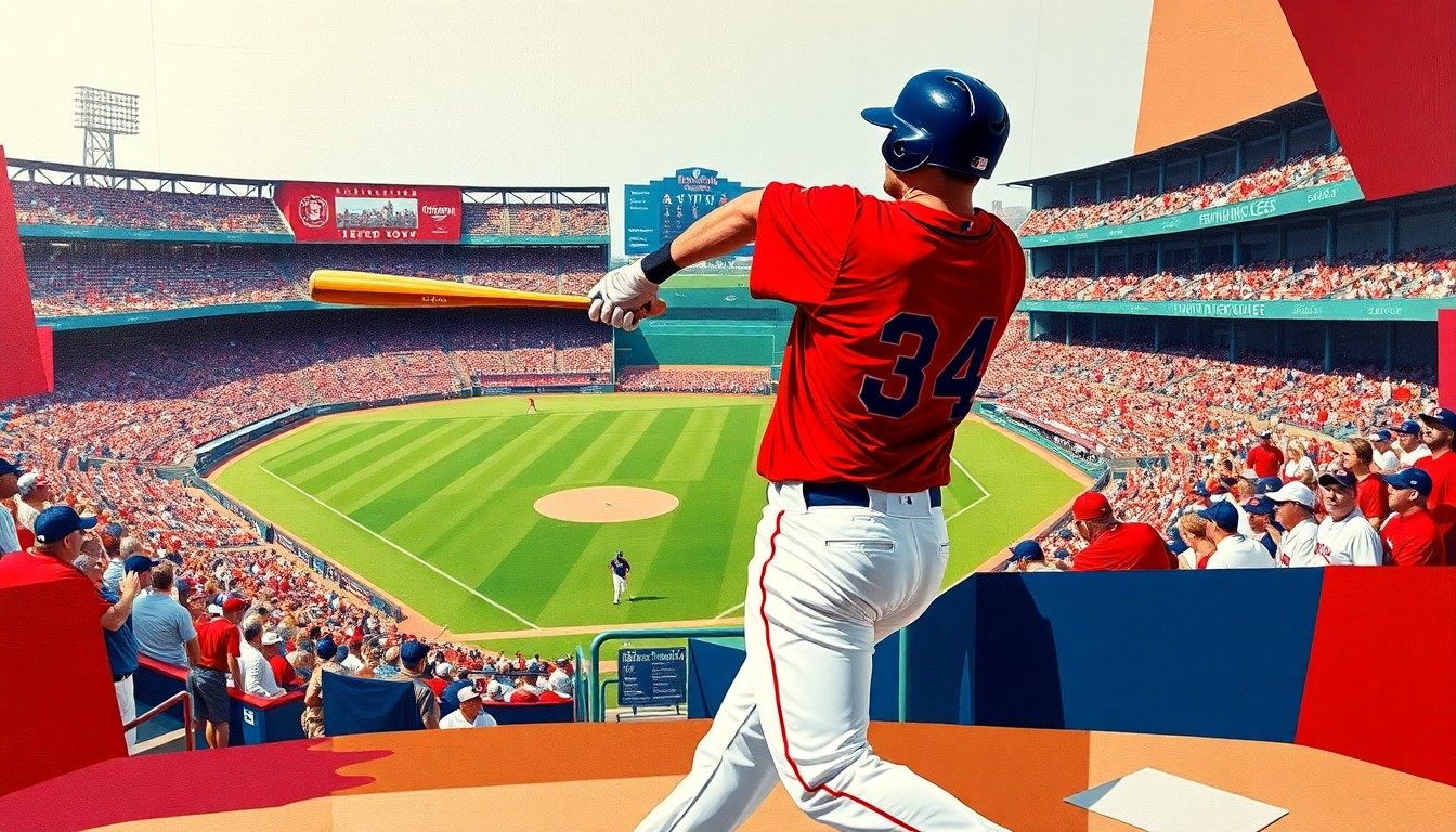 A cubist-style painting depicting a baseball player in mid-swing, the ball leaving the bat, and the field of play at Fenway Park fractured into overlapping geometric shapes and planes in vibrant red, navy, and white colors.