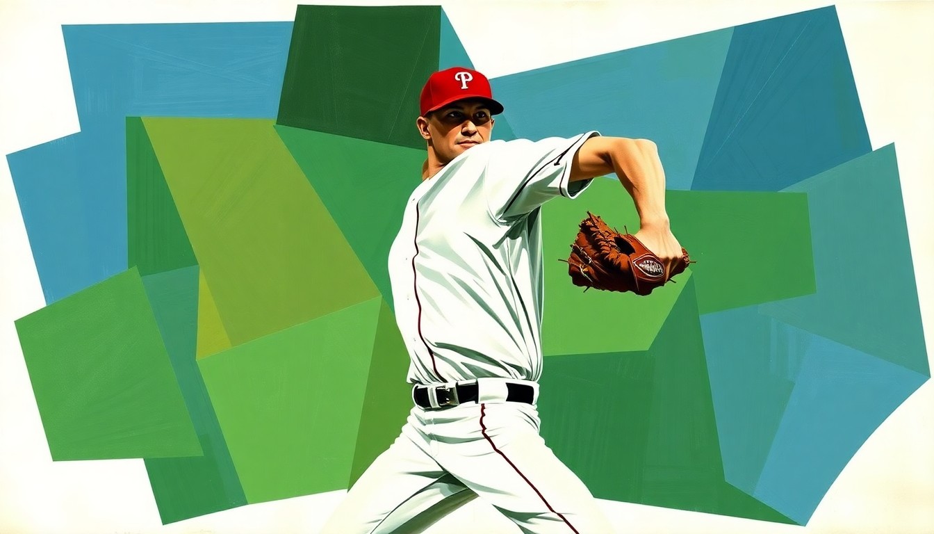A cubist-style painting depicting a baseball pitcher's delivery broken down into sharp, overlapping geometric shapes and planes in shades of green, brown, and blue, conceptually representing the dynamic, multi-faceted nature of the sport.