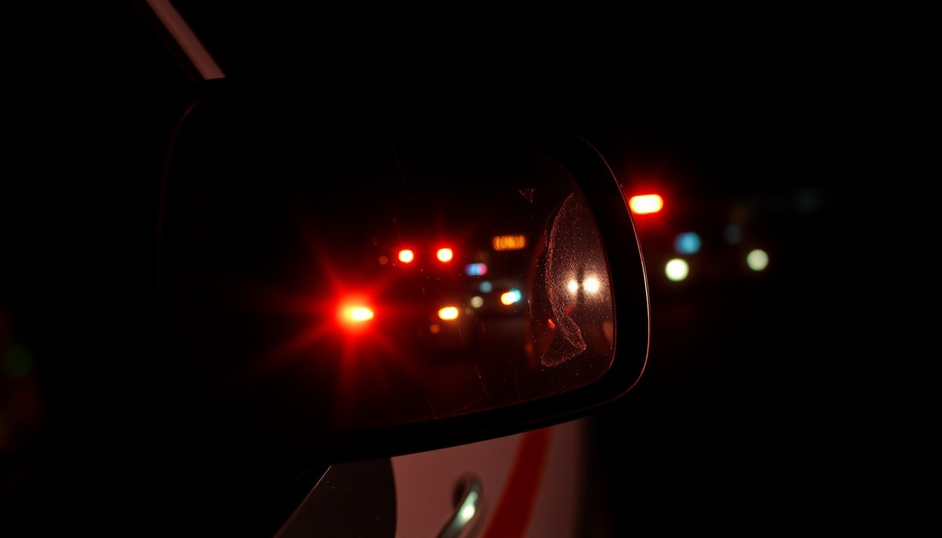 An extreme close-up photograph of a damaged police car side mirror reflecting the flashing lights of emergency vehicles, creating a stark, gritty, investigative aesthetic through the use of harsh, direct lighting against a pitch-black background.