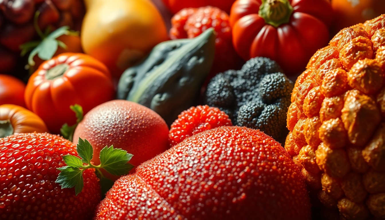 An extreme close-up of lush, textured organic produce and natural goods in a dramatic, high-contrast studio lighting setup, conceptually representing the joyful energy of a community celebration.
