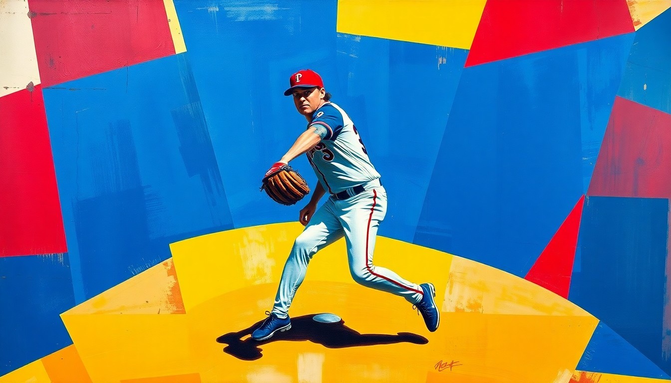 A cubist, geometric painting depicting the fractured motion of a baseball pitcher's windup, with sharp, overlapping planes of deep blue, red, and yellow hues, capturing the dynamic energy of the NL West rivalry.