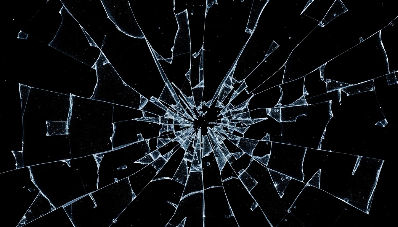 An extreme close-up of a shattered glass surface, reflecting the fragility and complexity of the British royal family's public image and the scandals that have plagued Prince Andrew.