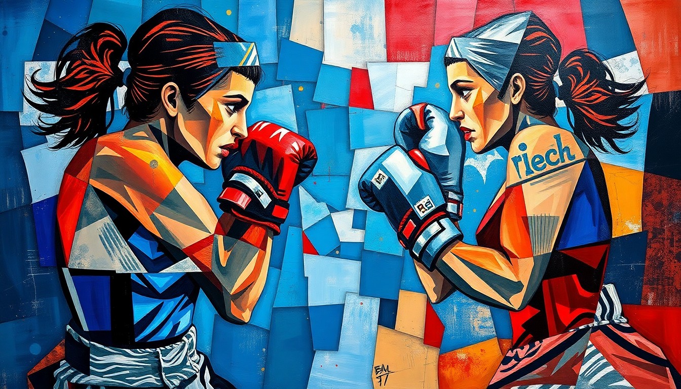 A cubist-inspired painting depicting a women's boxing match broken down into sharp, overlapping geometric shapes in a palette of deep blues, vibrant reds, and metallic silvers, conveying the dynamic energy and intensity of the sport.