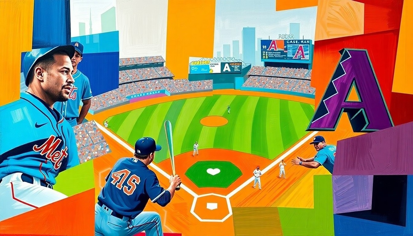 A fractured, cubist-style painting depicting a baseball game in progress, with the players and field broken down into sharp, overlapping geometric shapes and planes in vibrant colors, conveying the dynamic and unpredictable nature of the sport.