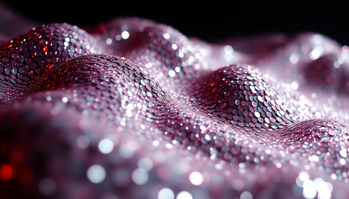 An extreme, abstract close-up photograph of shimmering, high-contrast sequins in a dramatic, high-fashion studio lighting setup, conceptually representing the glitz and glamour of celebrity real estate.
