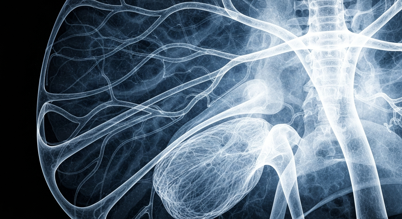 A ghostly, translucent X-ray image revealing the intricate network of fluid-filled spaces surrounding blood vessels in the brain, conceptually illustrating the complex fluid dynamics that impact the growth and spread of glioblastoma tumors.