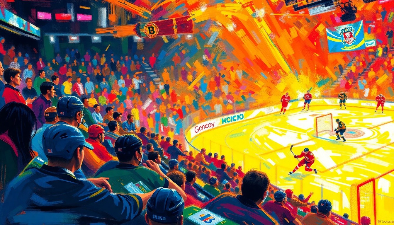 An abstract, expressionist painting in neon colors depicting the intense energy and movement of a hockey game, with a central focus on the unexpected birth of a baby in the stands, the event's emotional impact conveyed through the painting's vibrant brushstrokes and dynamic composition.