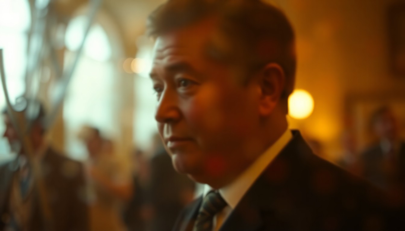 An abstract, out-of-focus photograph depicting a blurred, dreamlike scene of a world leader in a moment of contemplation, with warm, soft pools of color and light.