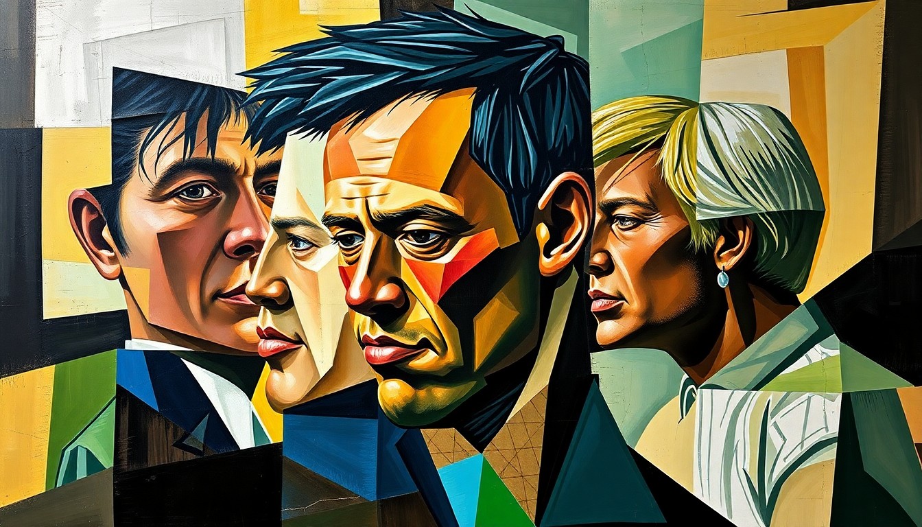 A cubist-style painting featuring fragmented geometric shapes and planes in shades of green, brown, and black, conceptually representing the multifaceted and turbulent early life of golf legend Tiger Woods.