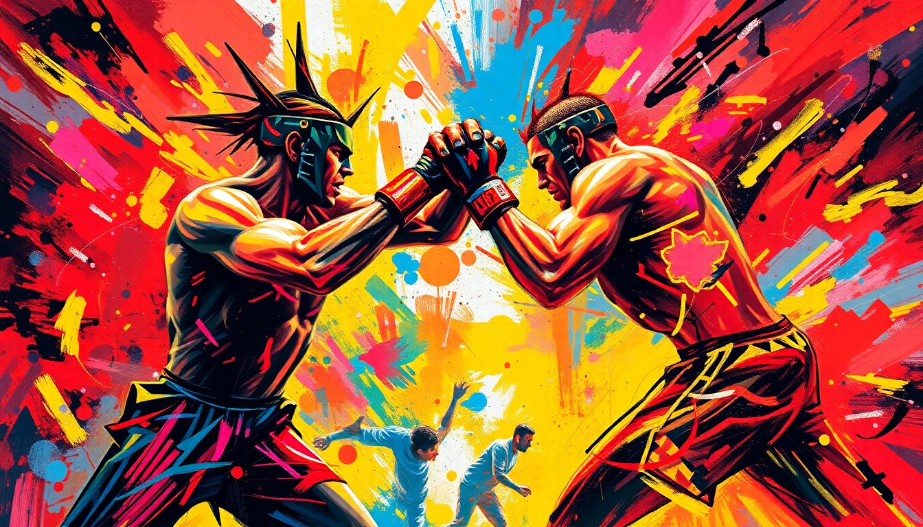 An abstract, expressionist painting in vibrant neon colors depicting the dynamic movement and power of a mixed martial arts fight, with indistinct figures and dissolving forms that convey the emotional intensity of the sport.