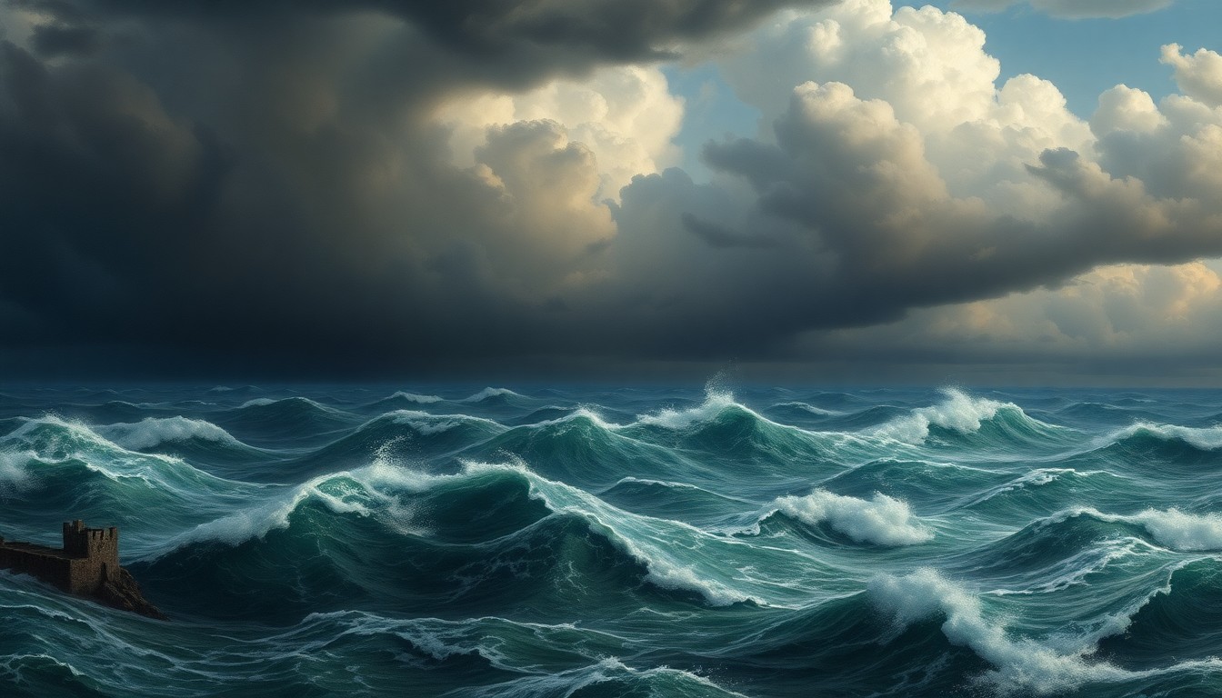 A dramatic, atmospheric landscape painting in muted tones of gray, blue, and green, depicting a stormy, turbulent seascape with crashing waves and ominous clouds, conveying the overwhelming power of nature.