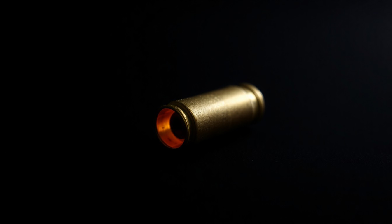 An extreme close-up photograph of a spent bullet casing on a pitch-black background, lit by a harsh, direct camera flash, conceptually representing the ongoing challenge of gun violence despite declining homicide rates.