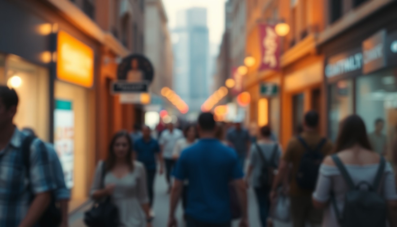 An abstract, out-of-focus photograph of people walking on a downtown street, with soft, warm pools of light and color creating a hazy, atmospheric mood.