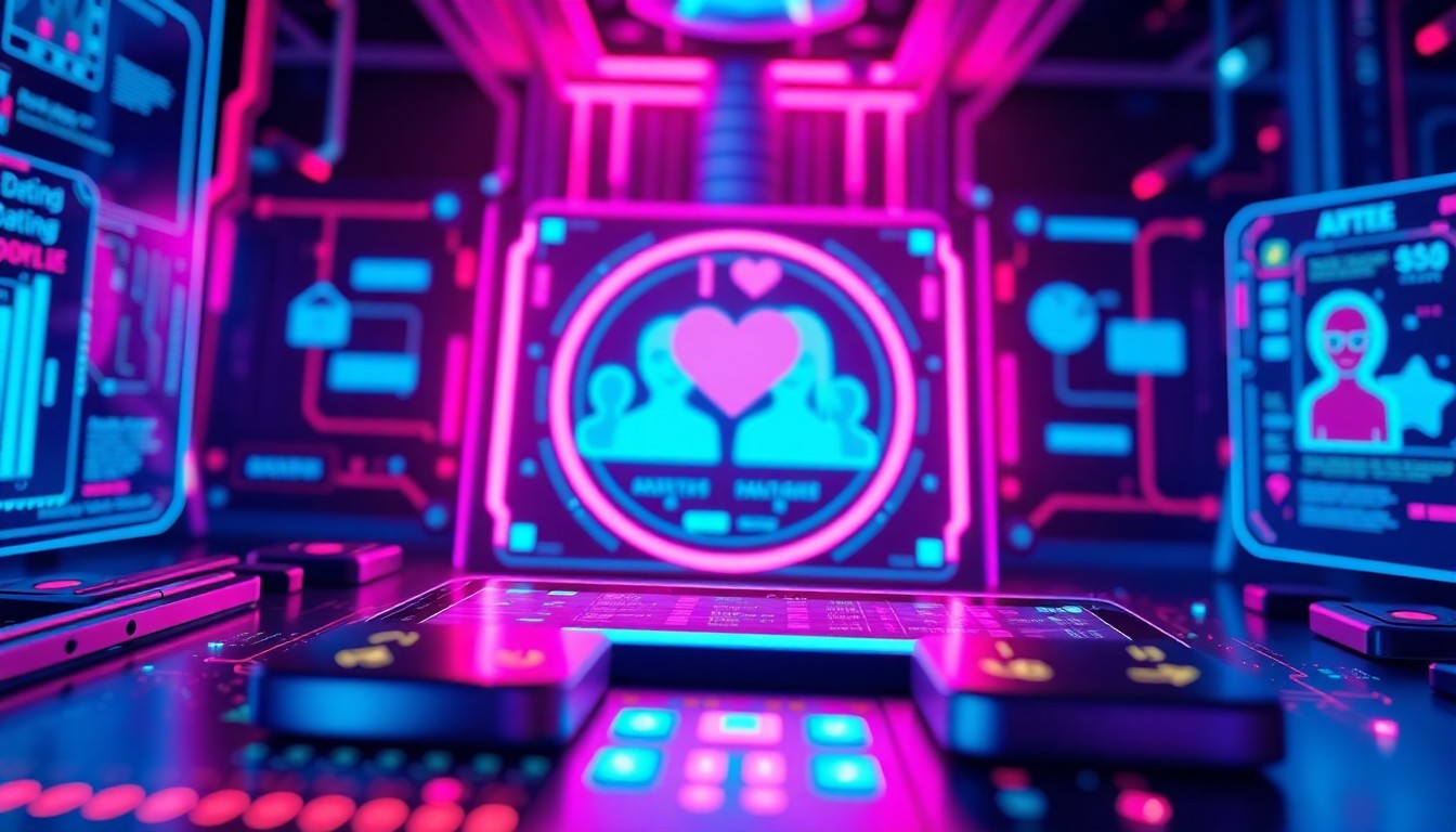A glowing, neon-lit 3D illustration depicting a futuristic digital dating interface, with abstract data streams and algorithmic elements illuminating the cyberpunk-inspired scene, conceptually representing the story's themes of AI-assisted romance and the tension between technology and authentic human connection.