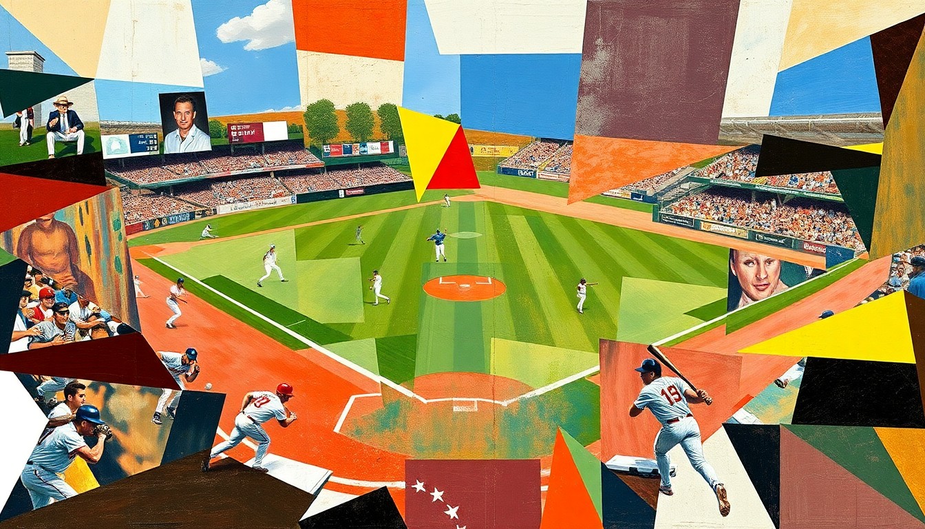 A cubist, geometric painting depicting a baseball game in abstract, overlapping shapes and planes of color, capturing the dynamic energy of the sport without any identifiable players or teams.