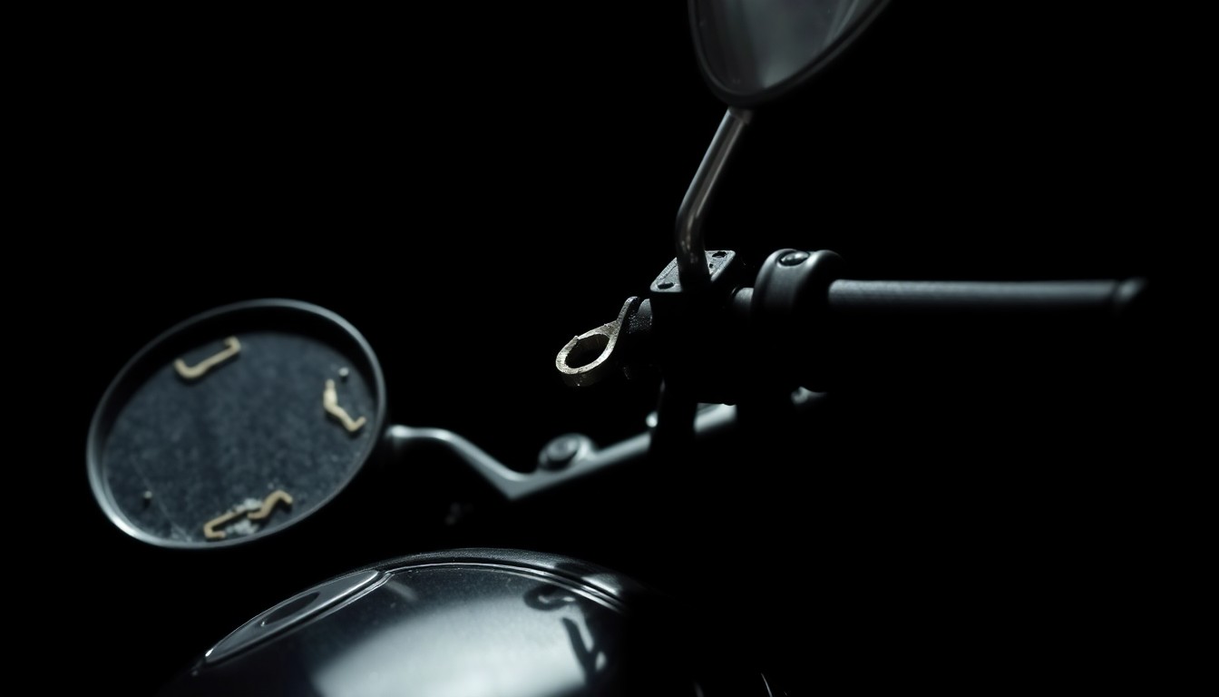 An extreme close-up photograph of a twisted, damaged minibike handlebar against a pitch-black background, conveying the gritty aftermath of a collision.