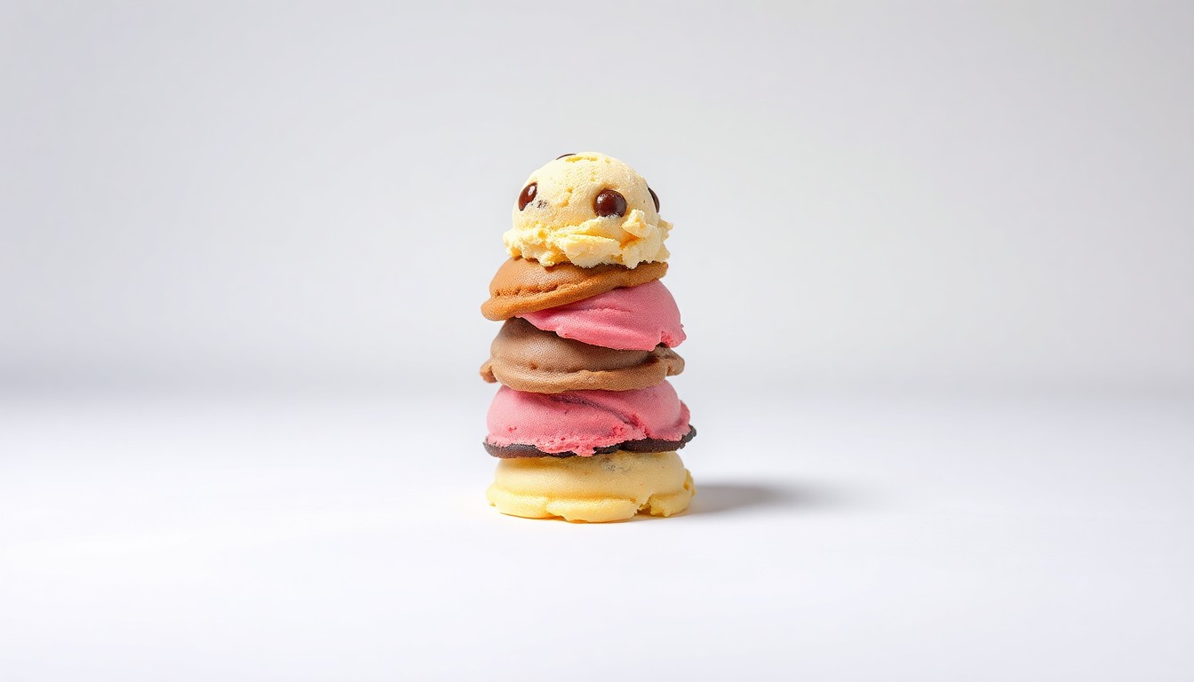 A close-up, high-contrast photograph of a stack of colorful, artfully arranged ice cream scoops in various flavors, conveying the premium quality and craftsmanship of the new TC Scoops ice cream shop.