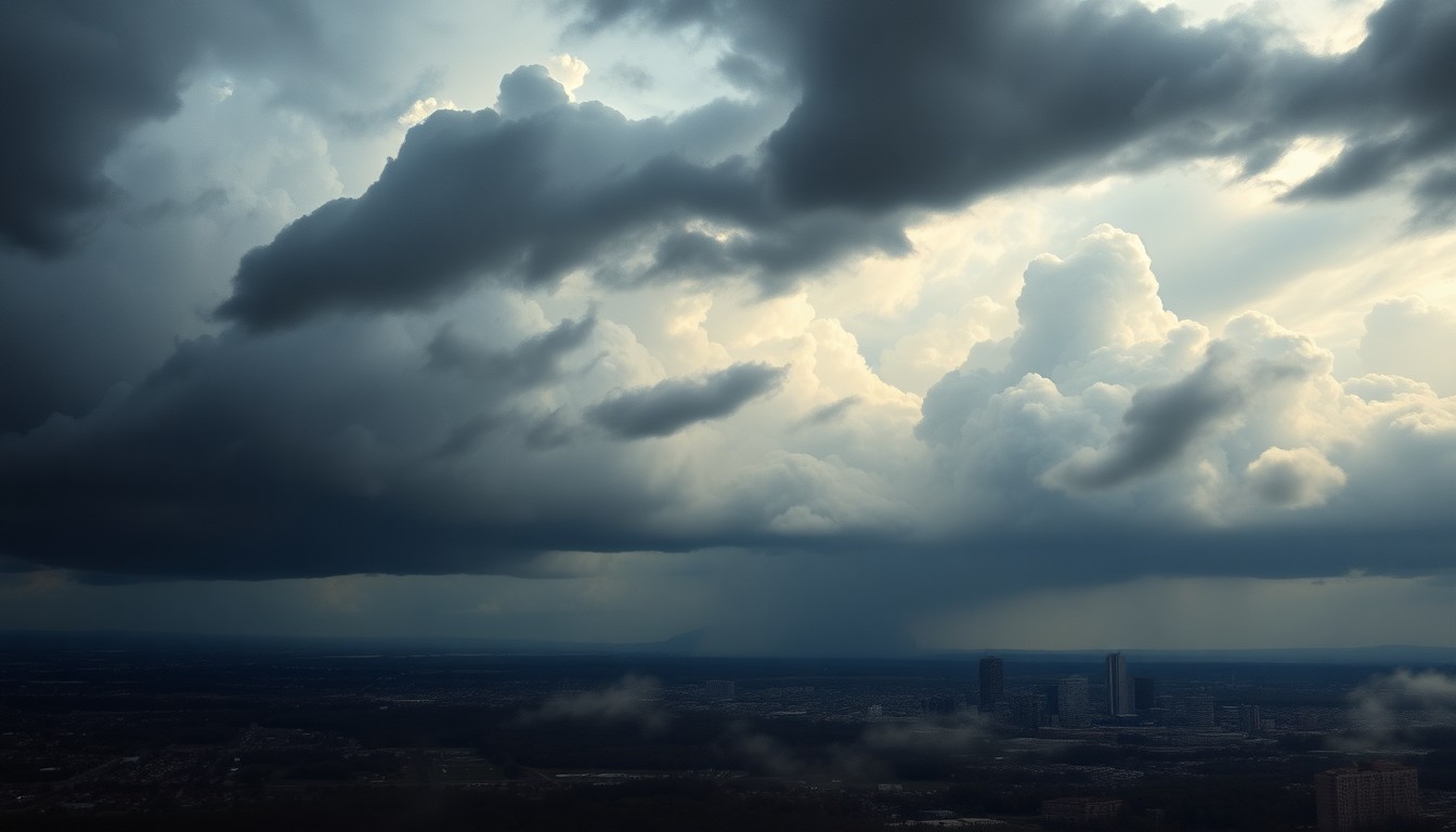 A dramatic, atmospheric landscape painting depicting the Columbus skyline shrouded in heavy, stormy clouds, conveying the overwhelming power of the impending weather conditions.