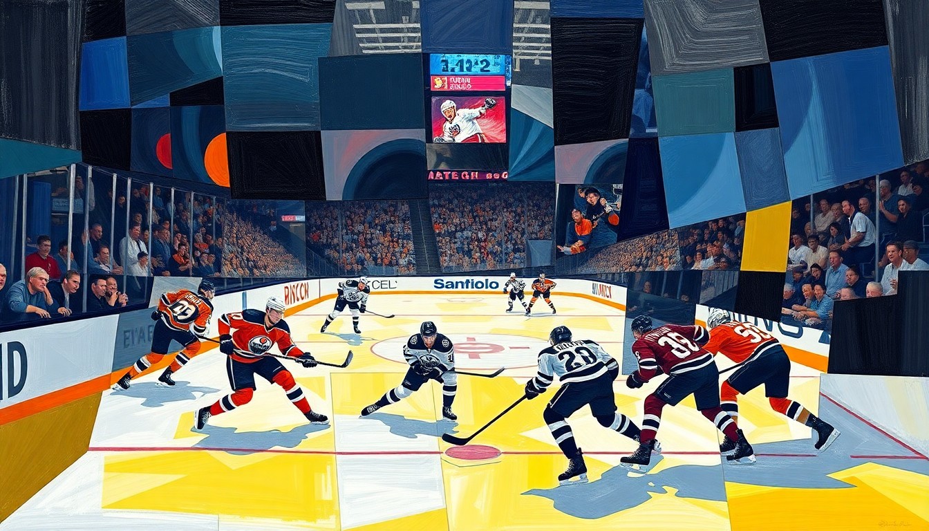 A fractured, multi-perspective painting depicting a hockey game between the Edmonton Oilers and Los Angeles Kings, with the players' movements and the intensity of the game captured through cubist distortion and overlapping geometric planes.