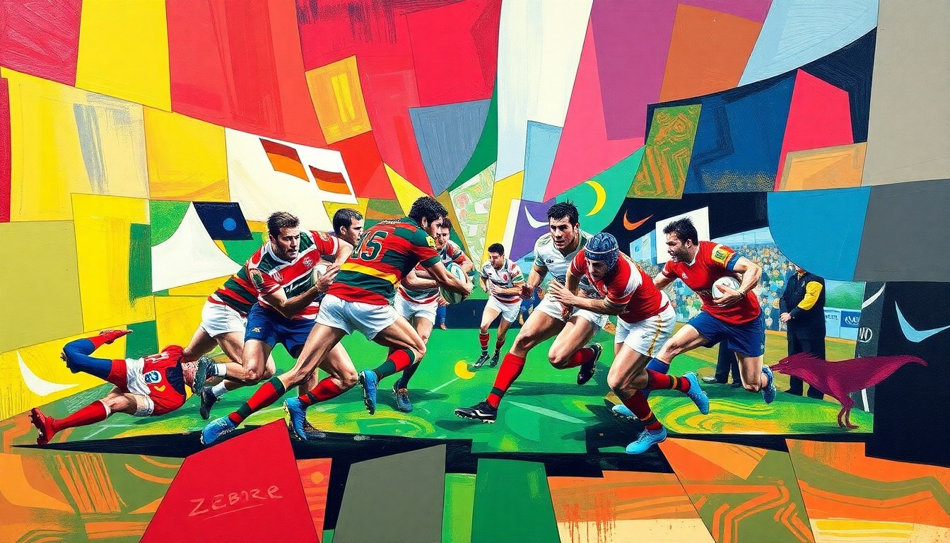 A fractured, cubist-style painting depicting a rugby match between Zebre and the Dragons, with sharp, overlapping geometric shapes in the teams' official colors representing the players and action on the field.