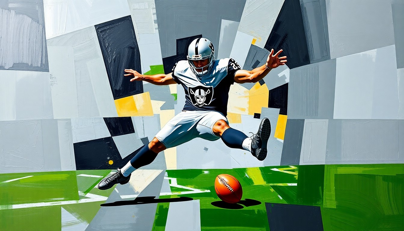 A cubist, geometric painting depicting a football kicker's motion broken down into overlapping planes of silver, black, and metallic gold, representing the enduring legacy of Raiders kicker Sebastian Janikowski.