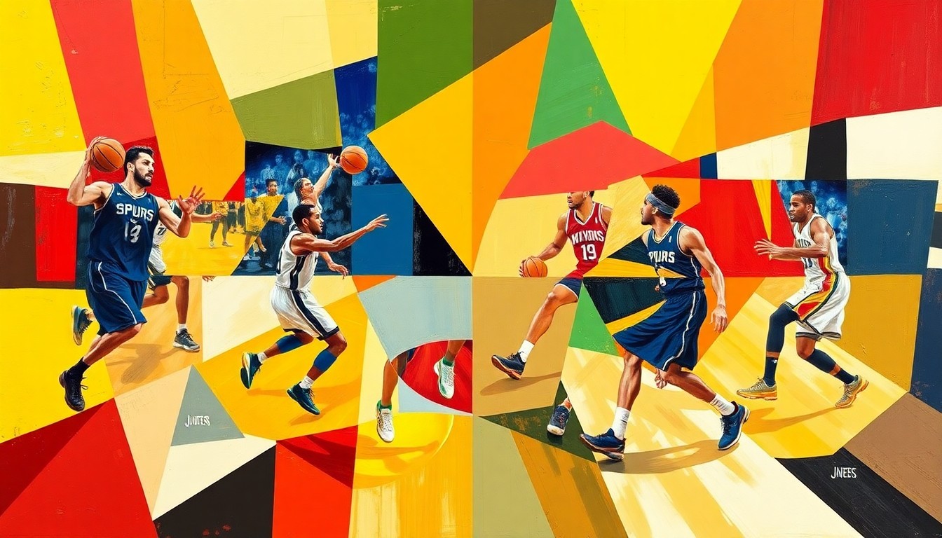 A fractured, multi-perspective painting in bold, vibrant colors, breaking down the basketball game into sharp, overlapping geometric shapes and planes, capturing the dynamic energy and movement of the players on the court.
