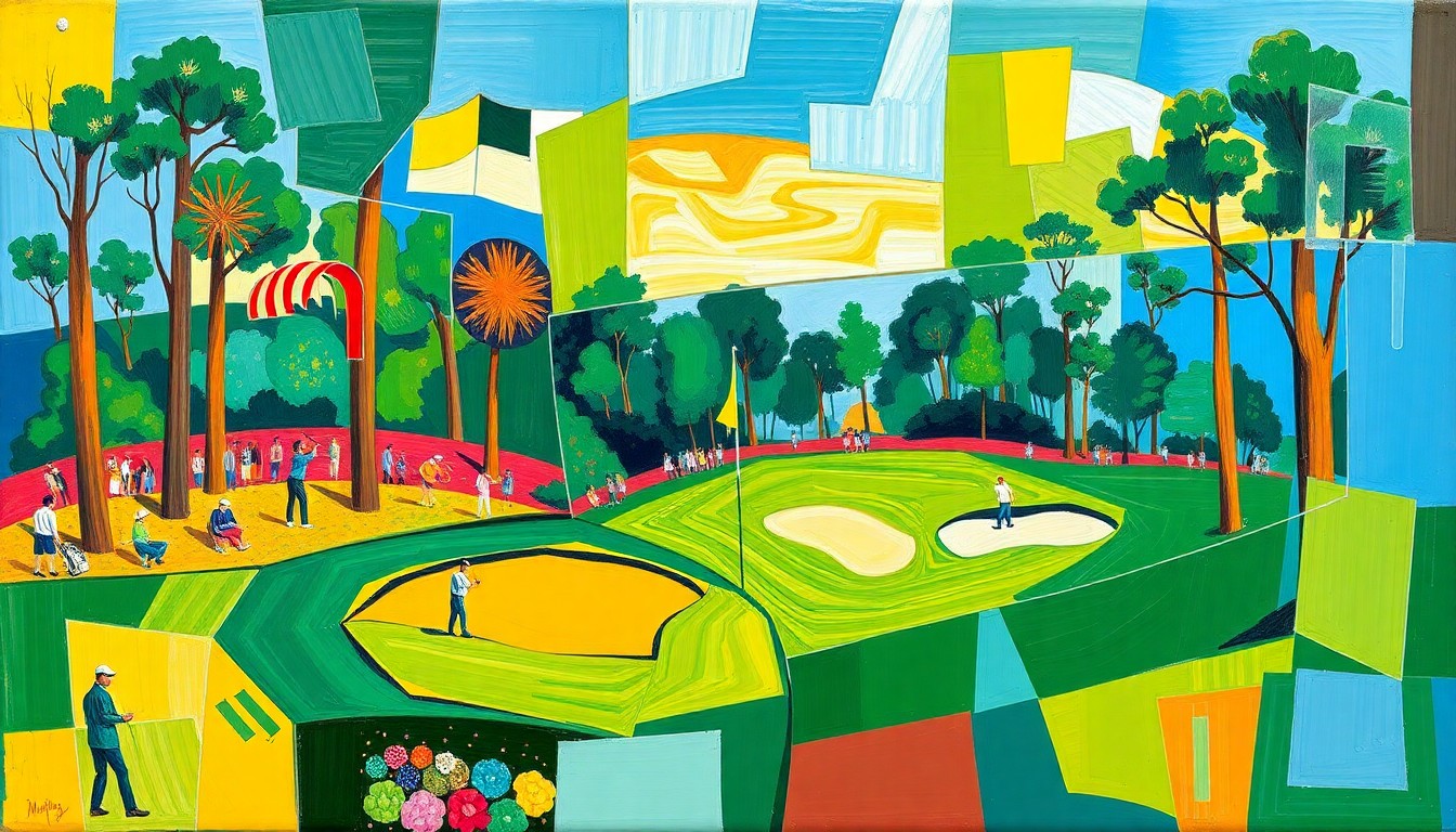 A cubist-style painting depicting a fragmented, geometric representation of a golf tournament scene, with overlapping planes of vibrant greens, blues, and golds.