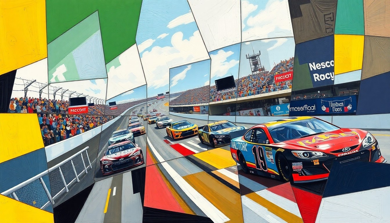A fractured, multi-perspective painting depicting the chaotic energy of a NASCAR race, with sharp, overlapping geometric planes of color representing the intense competition and the team's efforts to regain their winning form.