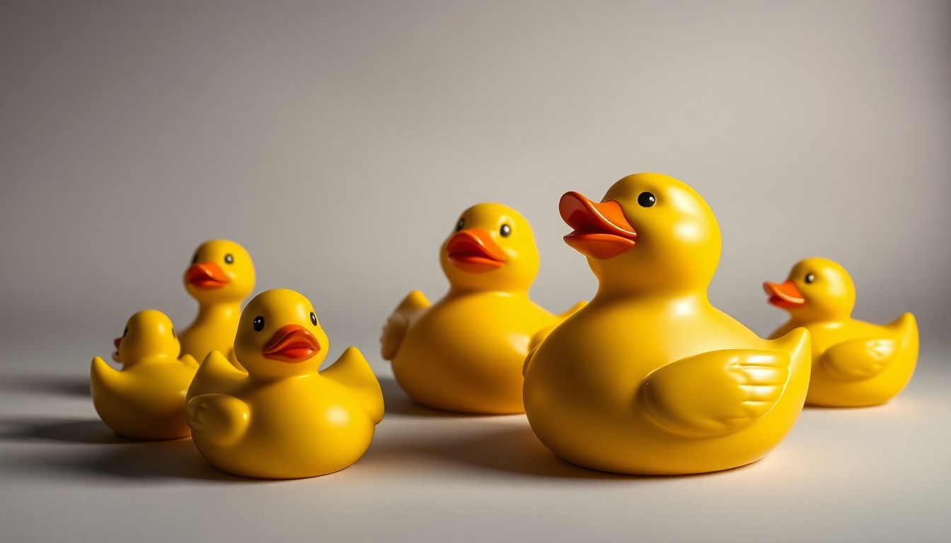 A high-end, photorealistic studio still-life photograph featuring a collection of vintage rubber ducks arranged elegantly on a clean, monochromatic background, conveying the history and cultural significance of the rubber duck as well as the challenges faced by the museum due to cross-border tensions.