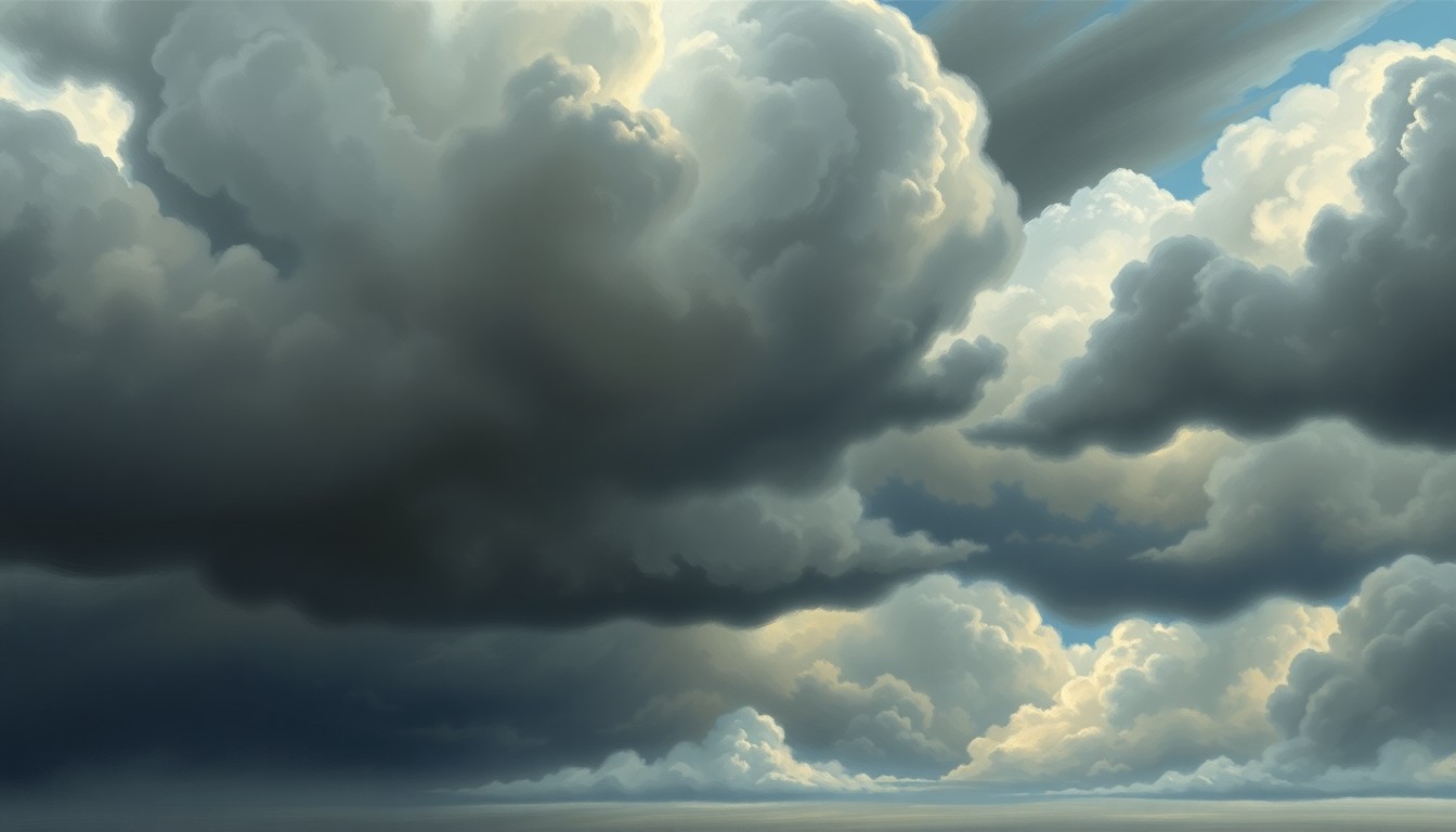 A sweeping, atmospheric landscape painting in muted tones of gray, blue, and white, depicting a dramatic, stormy sky with heavy clouds obscuring the horizon, conveying the overwhelming scale and power of an impending weather event.