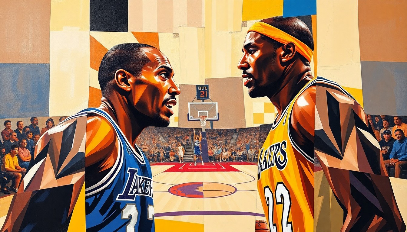 A fragmented, geometric painting depicting a basketball court scene with the figures of Magic Johnson and Kobe Bryant, their identities obscured into abstract shapes and planes of color, representing the lasting impact of these two Lakers icons on the city of Los Angeles.