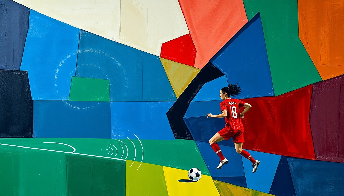 A fragmented, geometric painting depicting a women's football match, with sharp planes of navy, green, and red overlapping to create a sense of motion and tension, reflecting the controversy surrounding Fifa's deal with Kynisca.