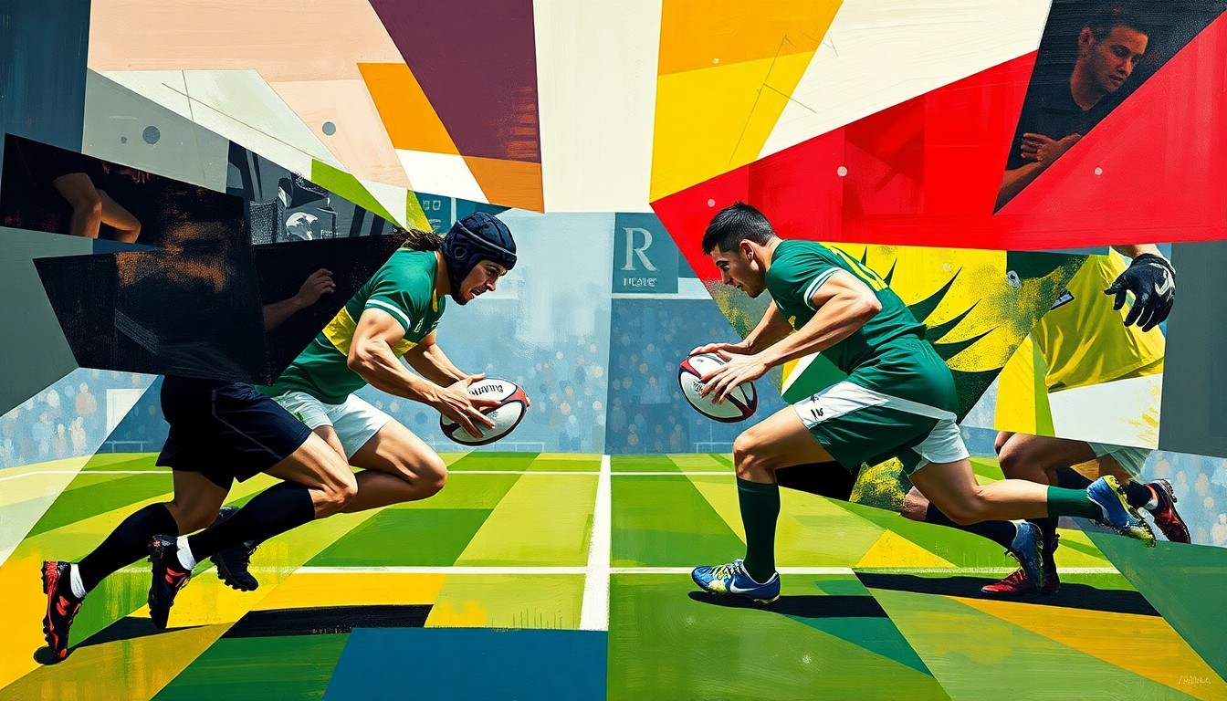 A fragmented, geometric painting depicting a rugby match between two teams, with the players and field broken down into sharp, overlapping shapes and planes, conveying the conceptual tension and debate surrounding the decision to host the game in a non-traditional rugby location.