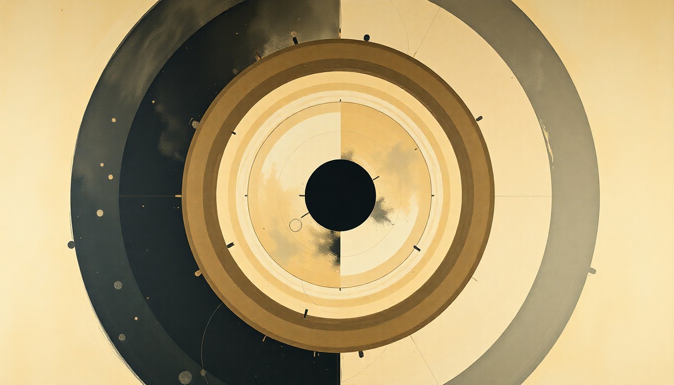 A highly structured abstract painting in soft, earthy tones featuring sweeping geometric arcs, concentric planetary circles, and precise botanical spirals, conceptually representing the complex scientific forces and technological achievements of the Artemis II lunar mission.