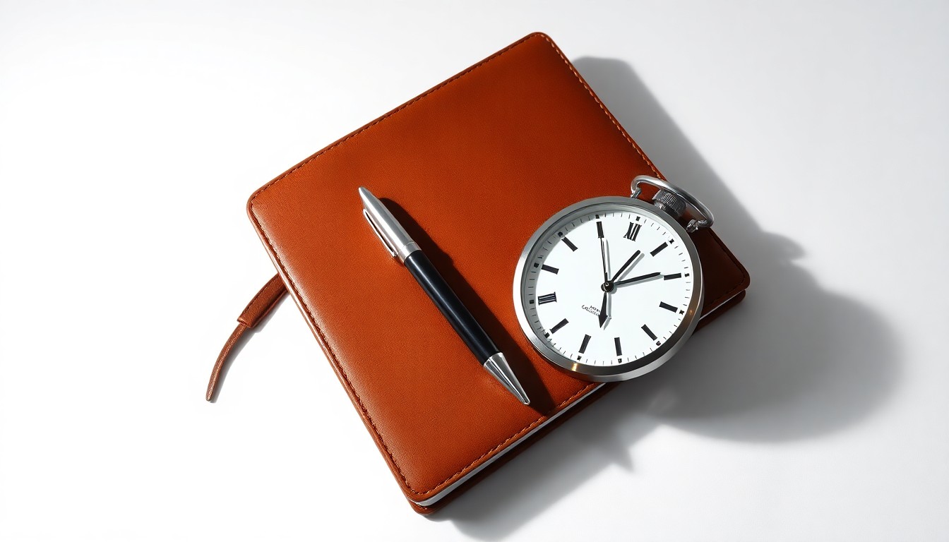 A high-end studio still life photograph featuring a collection of premium business objects like a leather notebook, fountain pen, and desk clock, arranged elegantly on a clean white background to symbolize the abstract concepts of corporate strategy and the changing priorities in business education.