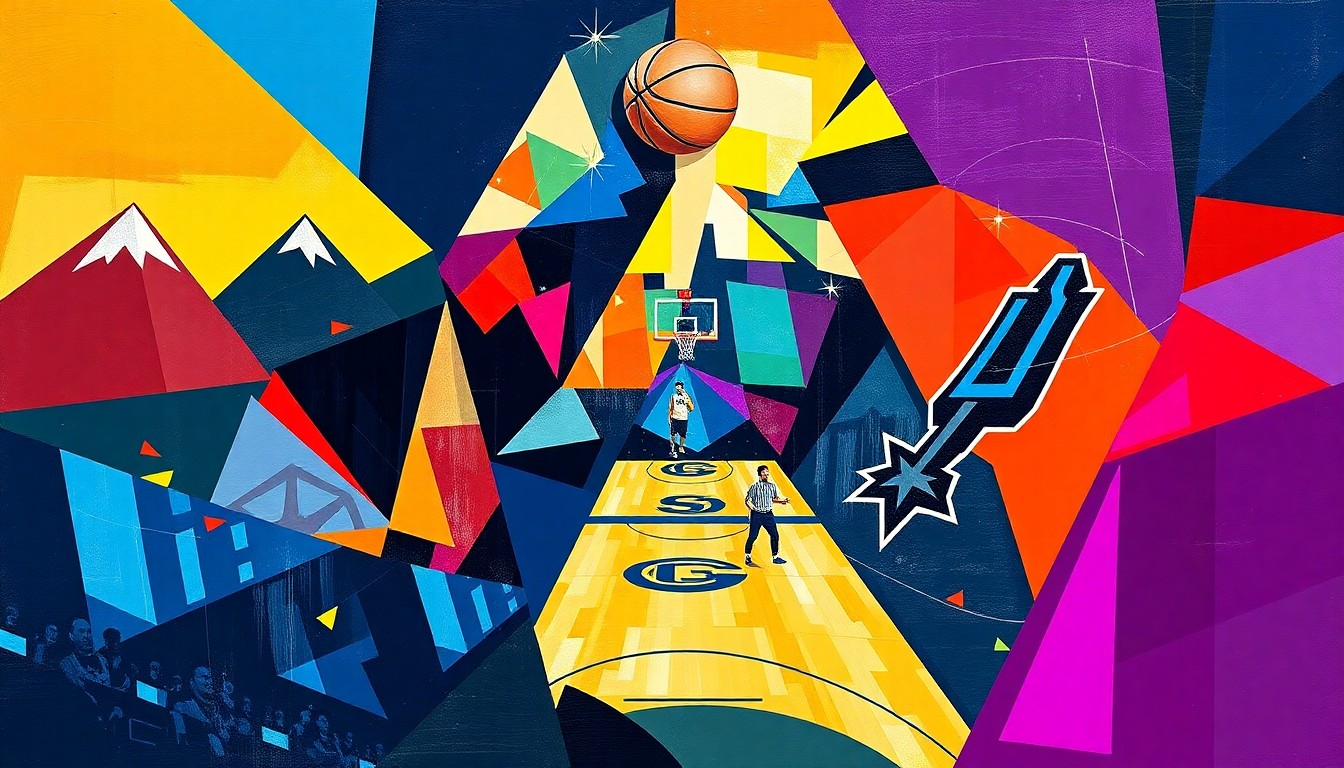 A cubist-inspired illustration depicting a basketball game between the Denver Nuggets and San Antonio Spurs, with the players and court broken down into sharp, overlapping geometric shapes in the teams' official colors, creating a dynamic and energetic visual representation of the high-stakes matchup.