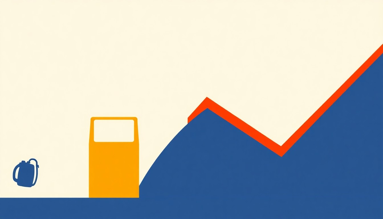 A geometric abstract illustration using bold shapes and primary colors to conceptually represent the variability of fuel prices in Cornwall, without any literal depictions of money, gas stations, or other specific economic elements.
