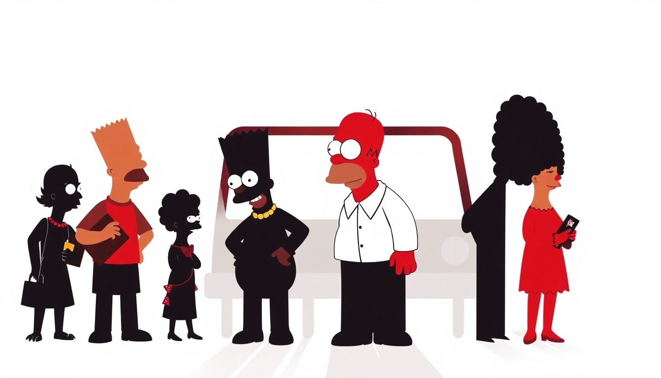 A striking abstract composition of jagged black silhouettes and bold red shapes, conceptually representing the iconic characters and themes of the classic Simpsons episode 