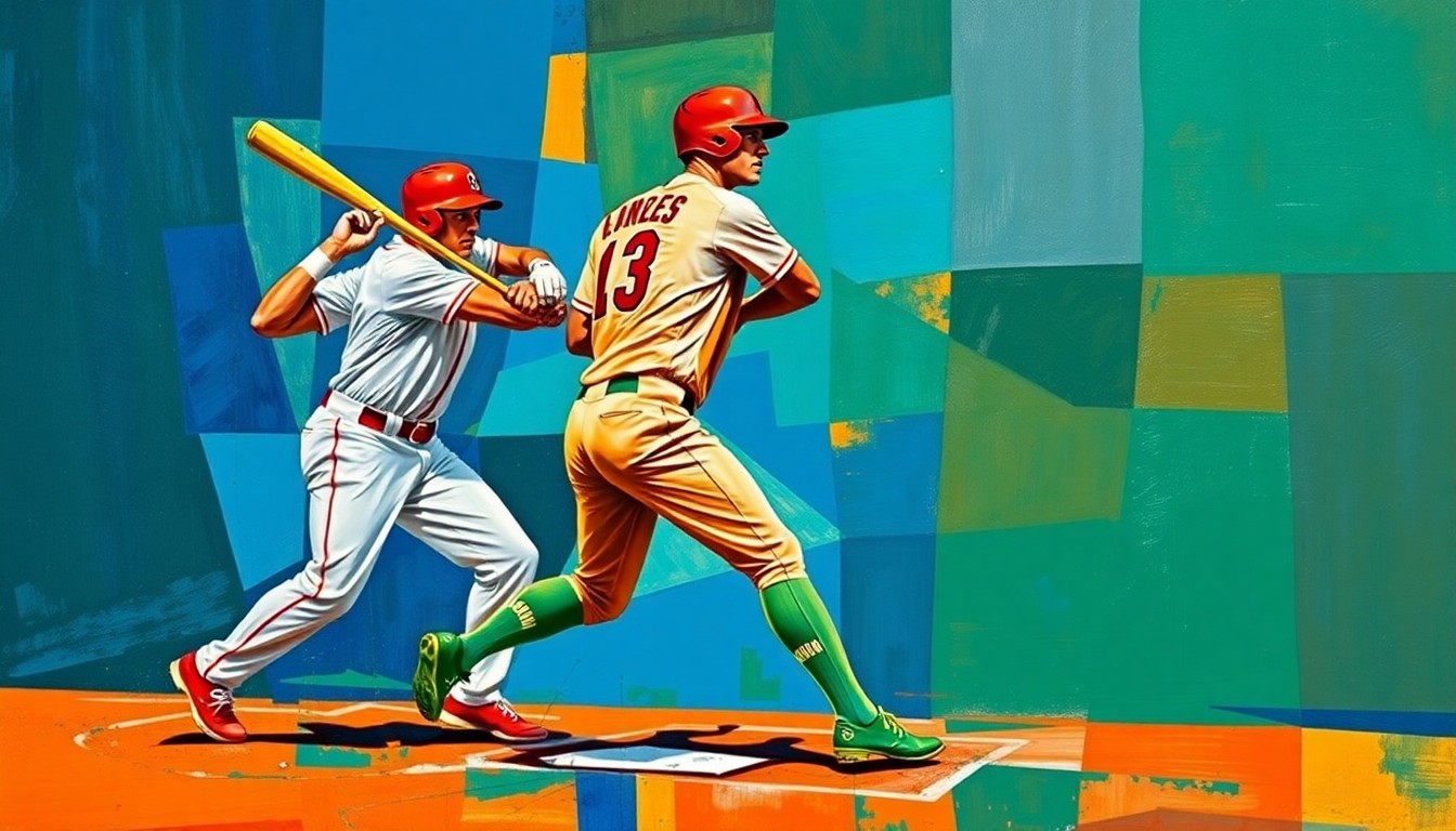 A cubist, geometric painting depicting a baseball player in various batting, baserunning, and fielding poses, with sharp, overlapping planes of color representing the dynamic action of the game.