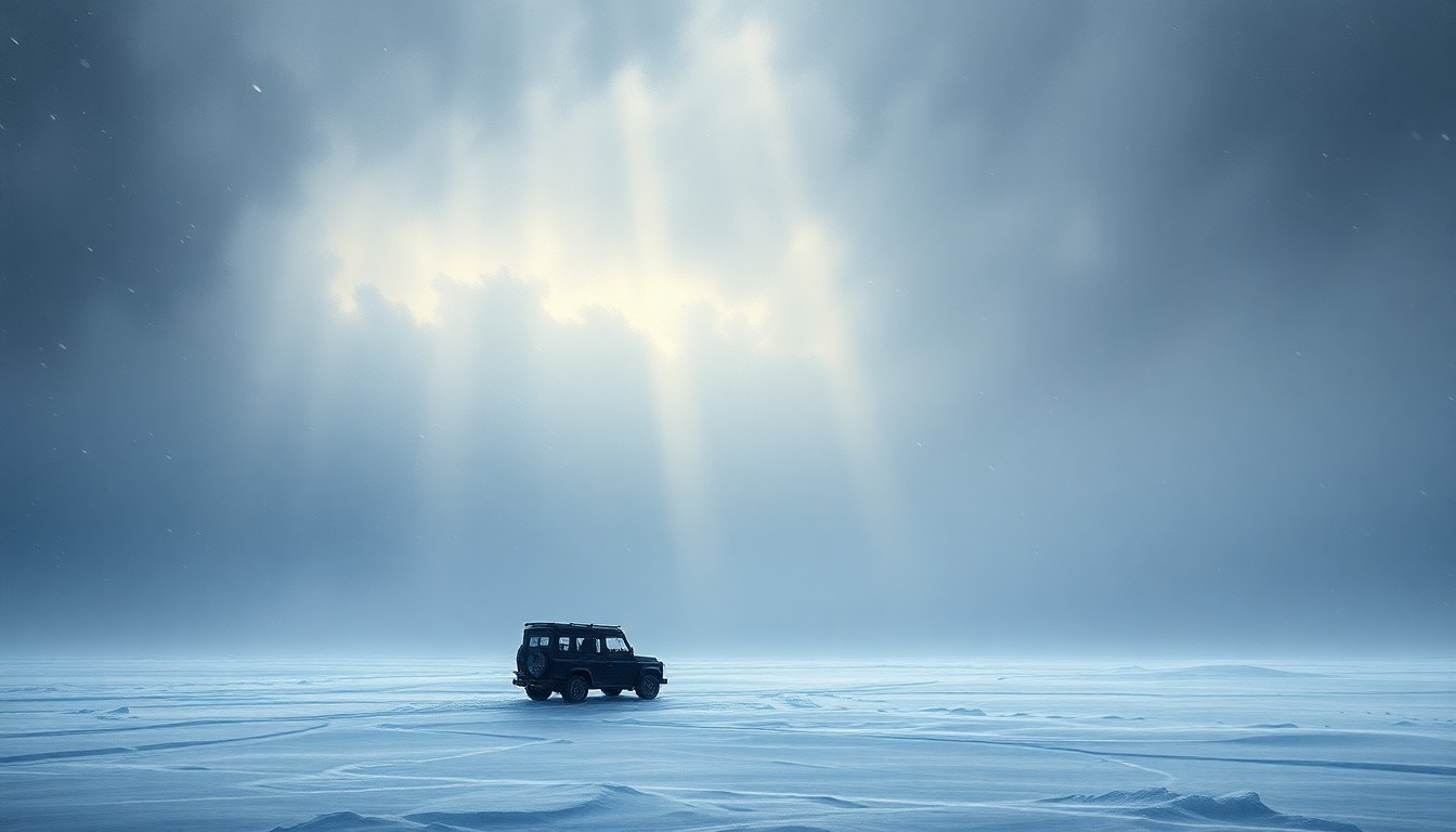 A sweeping, atmospheric landscape painting in muted tones of grey and white, with a lone vehicle barely visible in the distance, dwarfed by the overwhelming presence of a heavy snowstorm. The scene conveys a sense of the sublime power of nature and the isolation faced by those caught in its grip.