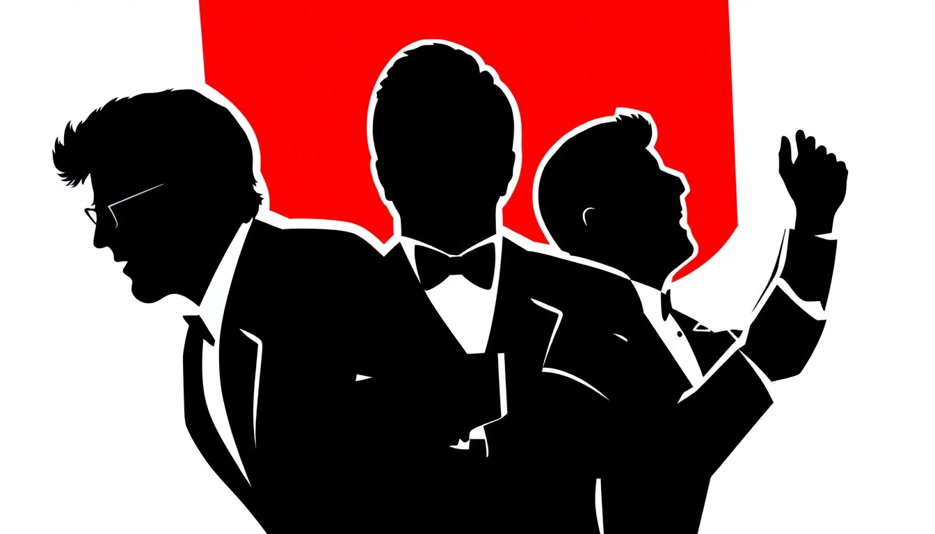 A striking abstract composition of jagged geometric shapes in bold red and black, conceptually representing the defiant and creative spirit of the comedians' plan to defy authority.