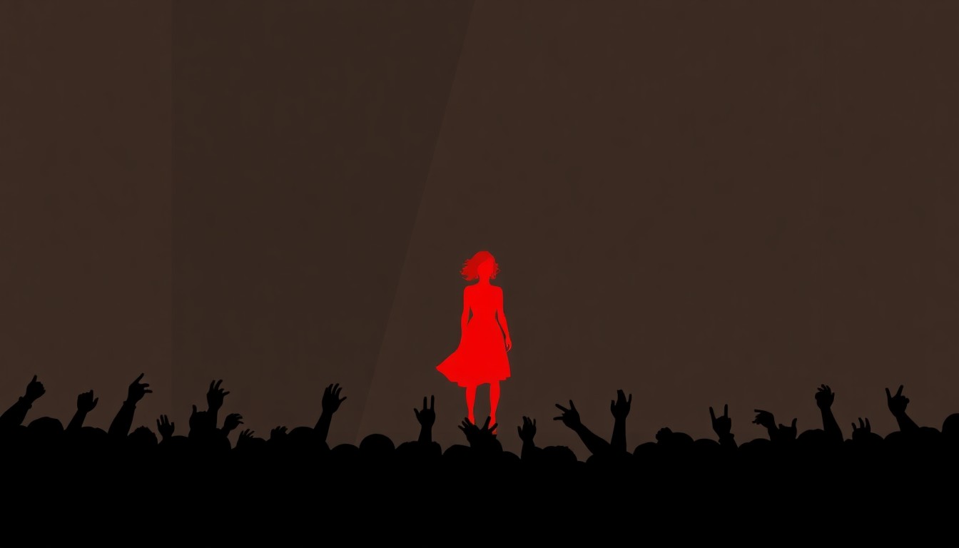 A minimalist, abstract illustration featuring bold black silhouettes and a single striking red shape, conceptually representing the intense focus and energy of an actress taking on a major stage role with limited rehearsal time.